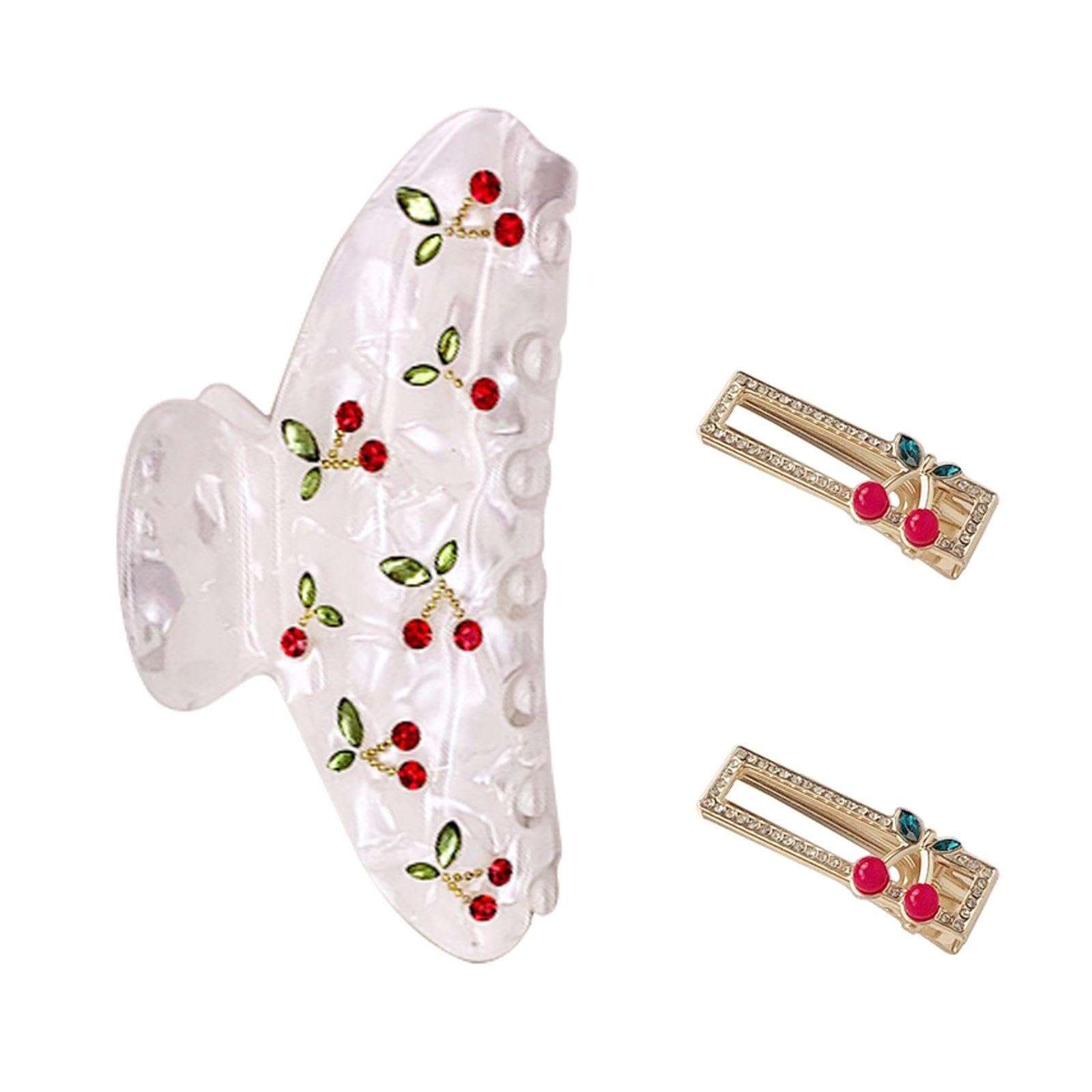 1 Piece Of Cherry Hair Clip, 2 Pieces Of Cherry Side Clip, Flash Diamond Gripper, Fixed Anti-Slip Clip, Double Row Tooth Gripper, Cherry Vertical Clip, Ponytail Hair Accessories