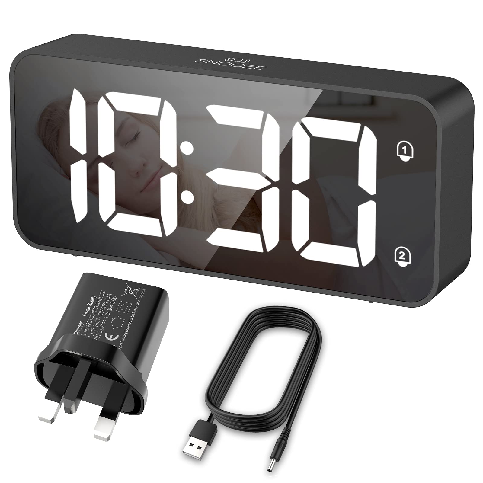 HERMIC Alarm Clock Bedside Mains Powered Large Digital Led Display, Brightness Dimmer, Adjustable Alarm Volume, Snooze, Dual Alarm, 12/24H, 8 Ringtones, USB Charging Port, Easy to Use Black