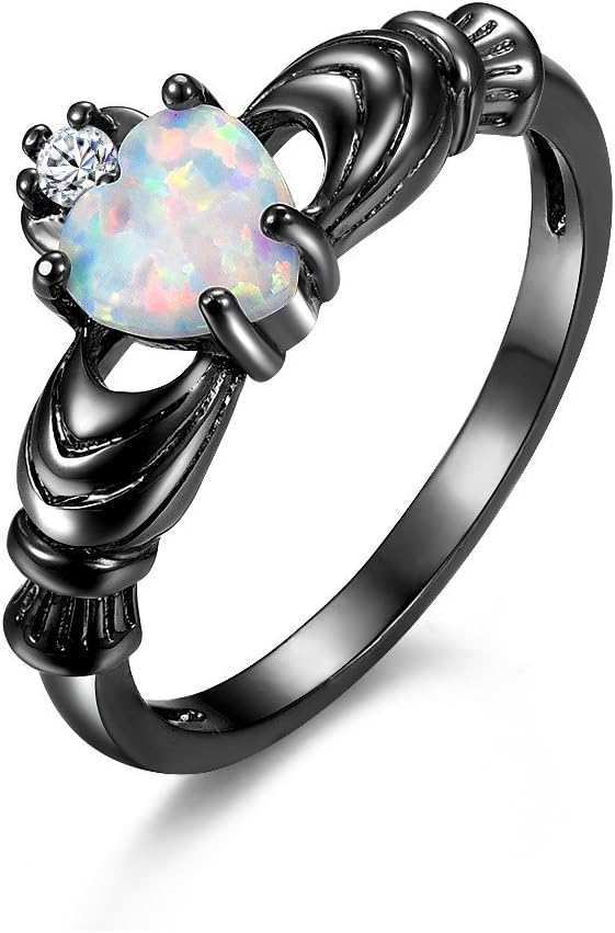 Kingwin Black Women's Claddagh Ring Heart-Shaped Opal Love Design Fashion Jewelry