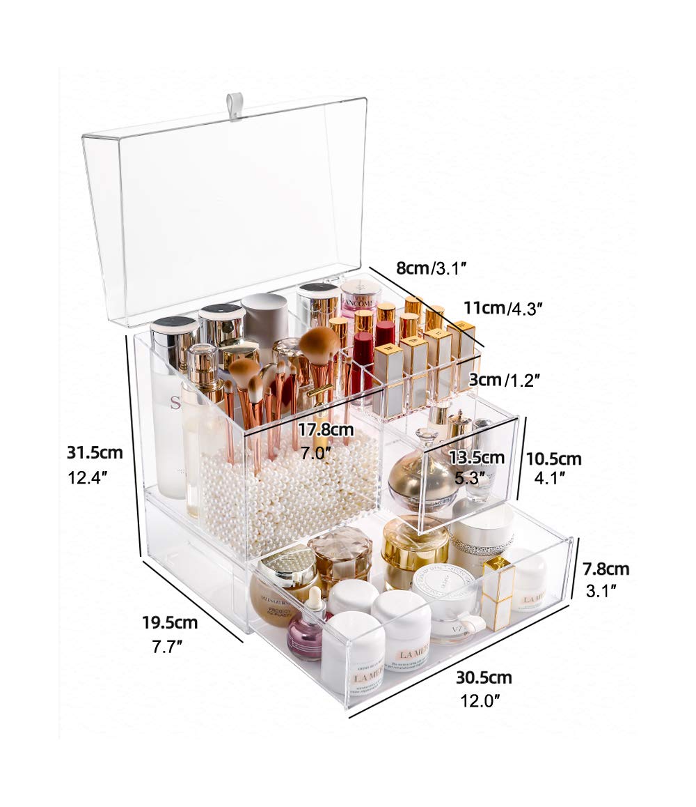 MOOCHI Clear Large Makeup Organizer Multifuncational Dust Free Water Proof Cosmetics Storage Drawers Display Case for Brushes Lipsticks Skin Care Jewelry - Pearls Not Included: Beauty