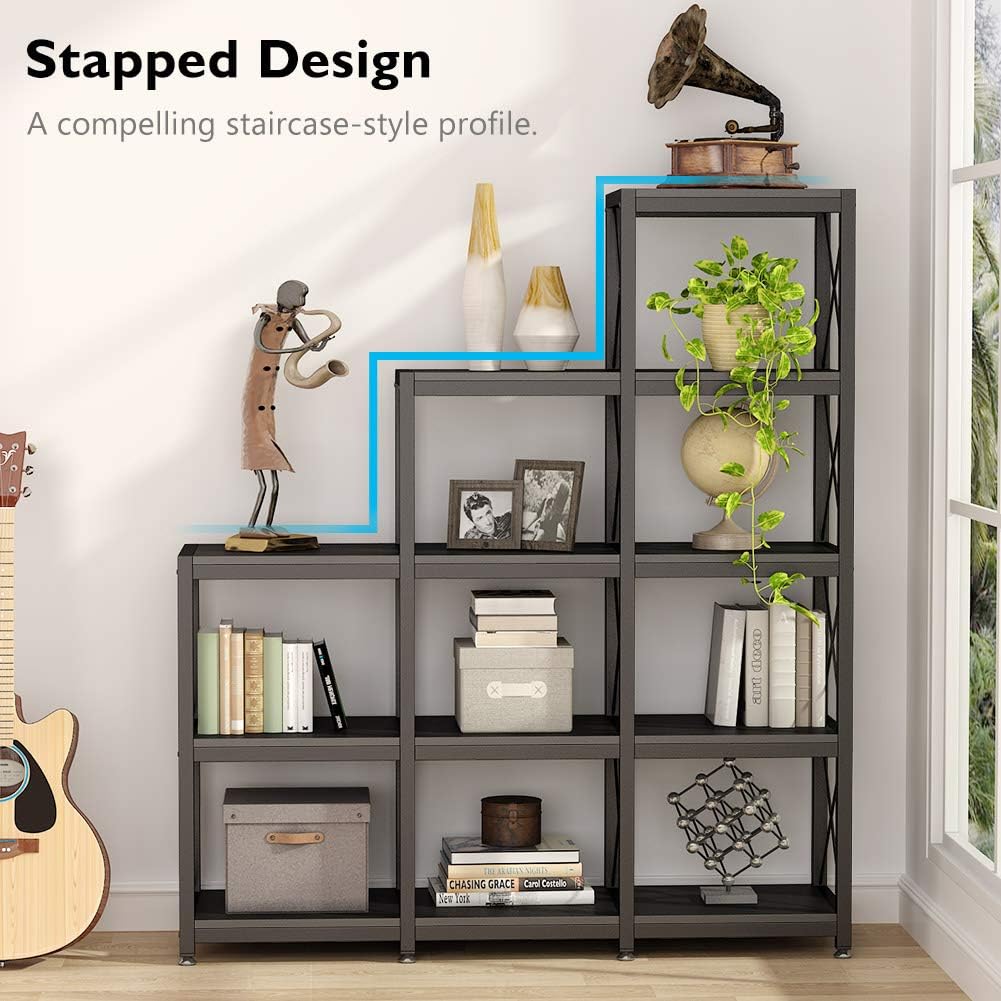 Tribesigns 12 Shelves Bookshelf, Industrial Ladder Corner Bookshelf 9 Cubes Stepped Etagere Bookcase, Rustic 5-Tier Display Shelf Storage Organizer for Home Office (Black): Kitchen & Dining