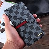 RAYTOP Luxury Classic Black Check Leather Cases Kickstand for Apple iPhone 6 4.7 Inches Flip Covers Wallet Plaid Stripes Men Vintage Decent High Quality Business Sytle Multipurpose