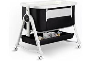 suihuooo 4 in 1 Baby Bassinet, Bassinet Bedside Sleeper with Wheels and Storage Basket, Adjustable 7 Heights Bedside Sleeper with Musquito Net, Breathable Mesh Rocking Bassinet for Baby/Newborn