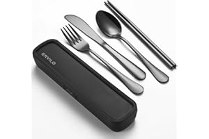 ERVILO Travel Utensils with Case, Stainless Steel Camping Cutlery Set, Reinforced Case with Snap-Lock Closure, Include Fork Spoon Knife Chopsticks, Portable Lunch Box Silverware for Picnic Office, Black