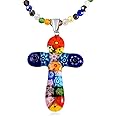 SHOP LC DELIVERING JOY Stainless Steel Glass Murano Style Multi Color Beaded Cross Choker Pendant Necklace Delicate Size 20" Catholic Faith Christian Religious Birthday Jewelry Birthday for Women