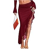 Verdusa Women's Club Outfits Asymmetrical High Slit Mesh Long Skirts Ruffle Hem Ruched Flowy Bodycon Skirt