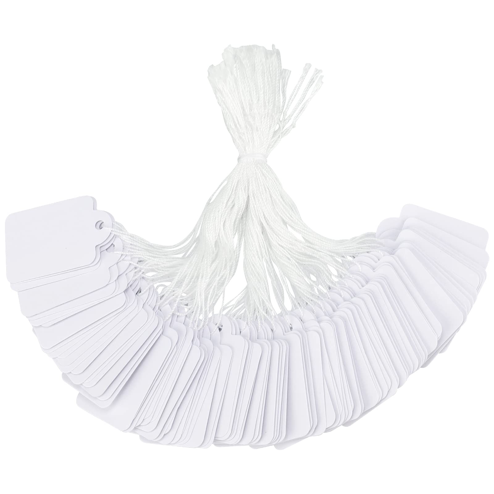 G2PLUS 500PCS Mini Strung Price Tags - White String Pricemarker Labels, 22x 35mm Tie on Paper Tags, Jewelry Marking Tags - Blank Gift Marking Labels with String for Jewelry Clothing Display