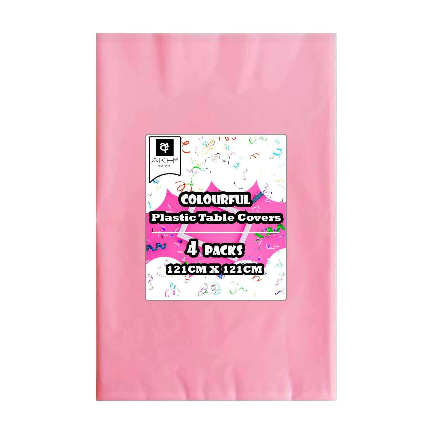 AKH® Plain Pastel Table Cloths | Pack of 4 | Colourful Plastic Table Cover Tablecloth for Wedding, Baby Shower, Birthday Party, Easter | Premium Durable All Purpose Tablecloth | 121CMx121CM (Pink)