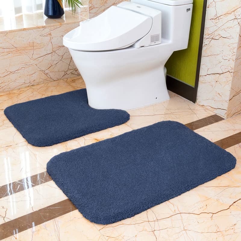 VANZAVANZU Bathroom Rug Set - U Shaped Toilet Rug & Cover, Non Slip, Extra Soft Absorbant Microfiber (20"x24" U Plus 20"x32", Navy Blue)