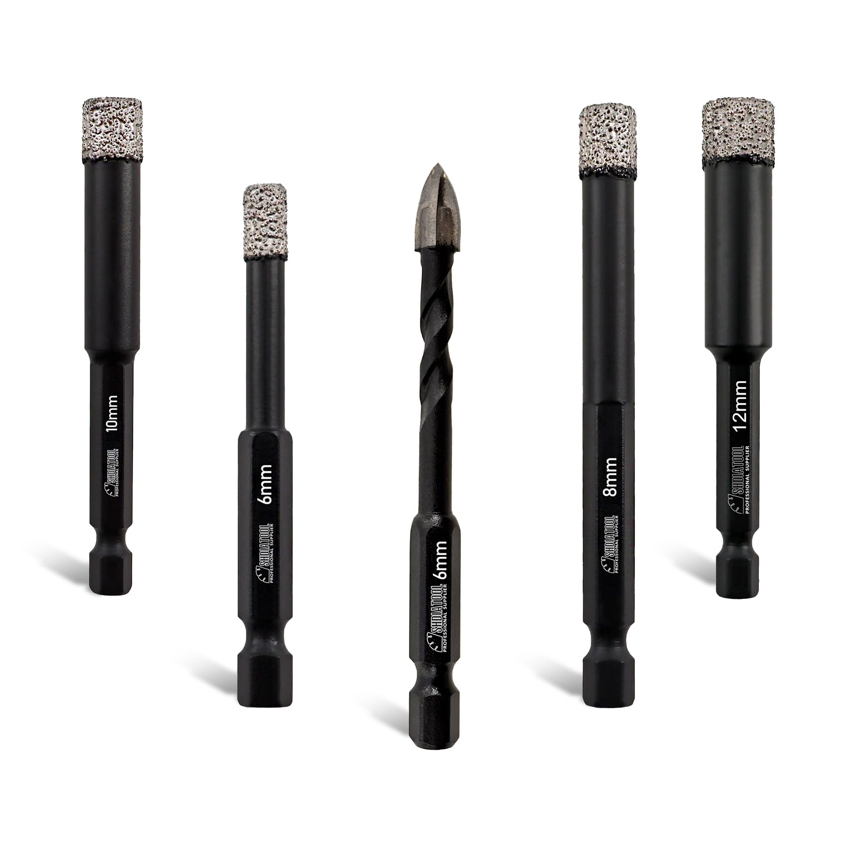 SHDIATOOL Porcelain Tile Diamond Drill Bits, 6/8/10/12mm Quick Change Shank Diamond Core Drill Bit with 1pc 6mm Carbide Triangular Drill Bit for Tile Ceramic Marble Granite Stone — image 1