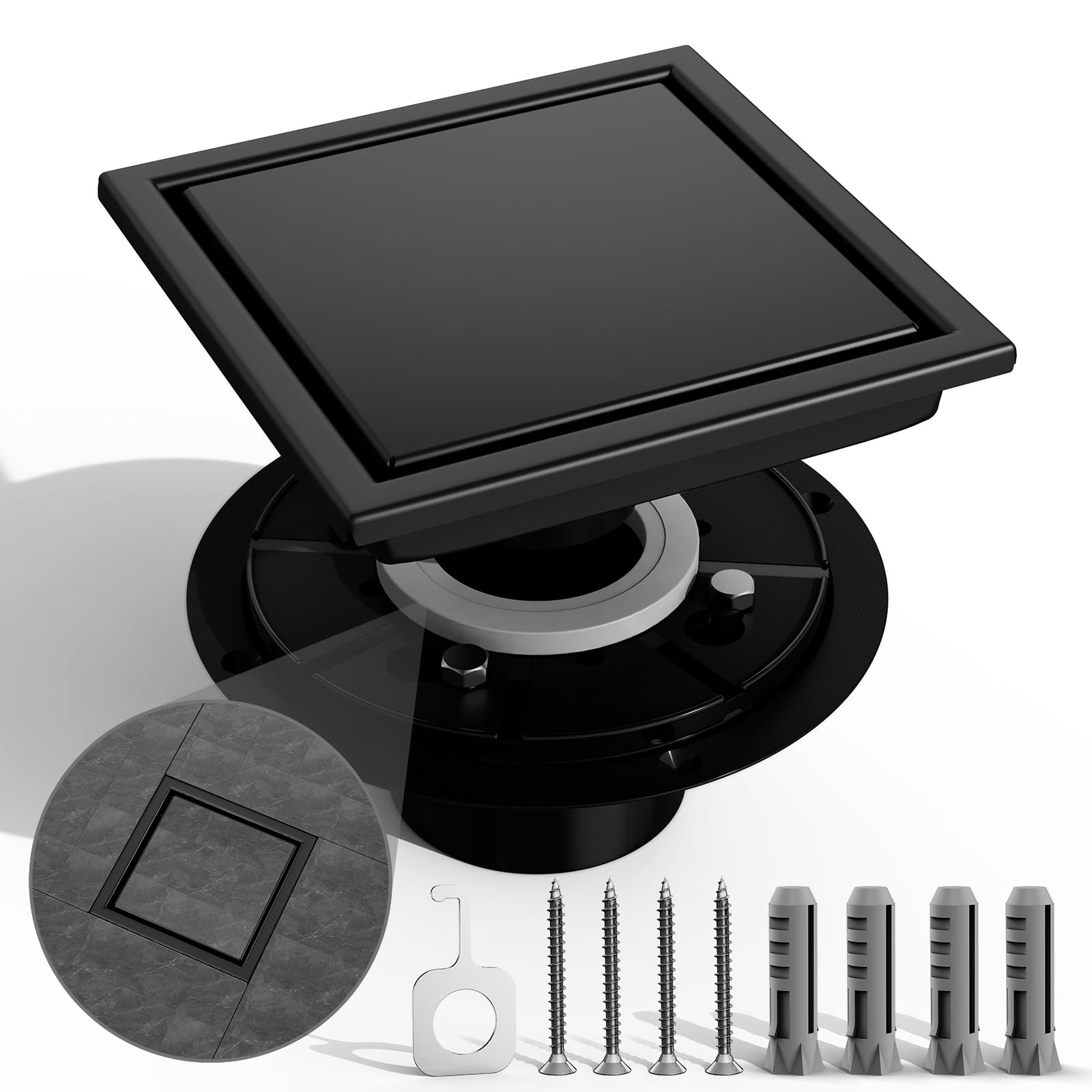 Photo 1 of 6 Inch Tile Insert Square Shower Drain with Flange,Matte Black Shower Drain, Reversible 2-in-1Cover SUS 304 Stainless Steel Shower Floor Drain Tile Insert Drain for Shower