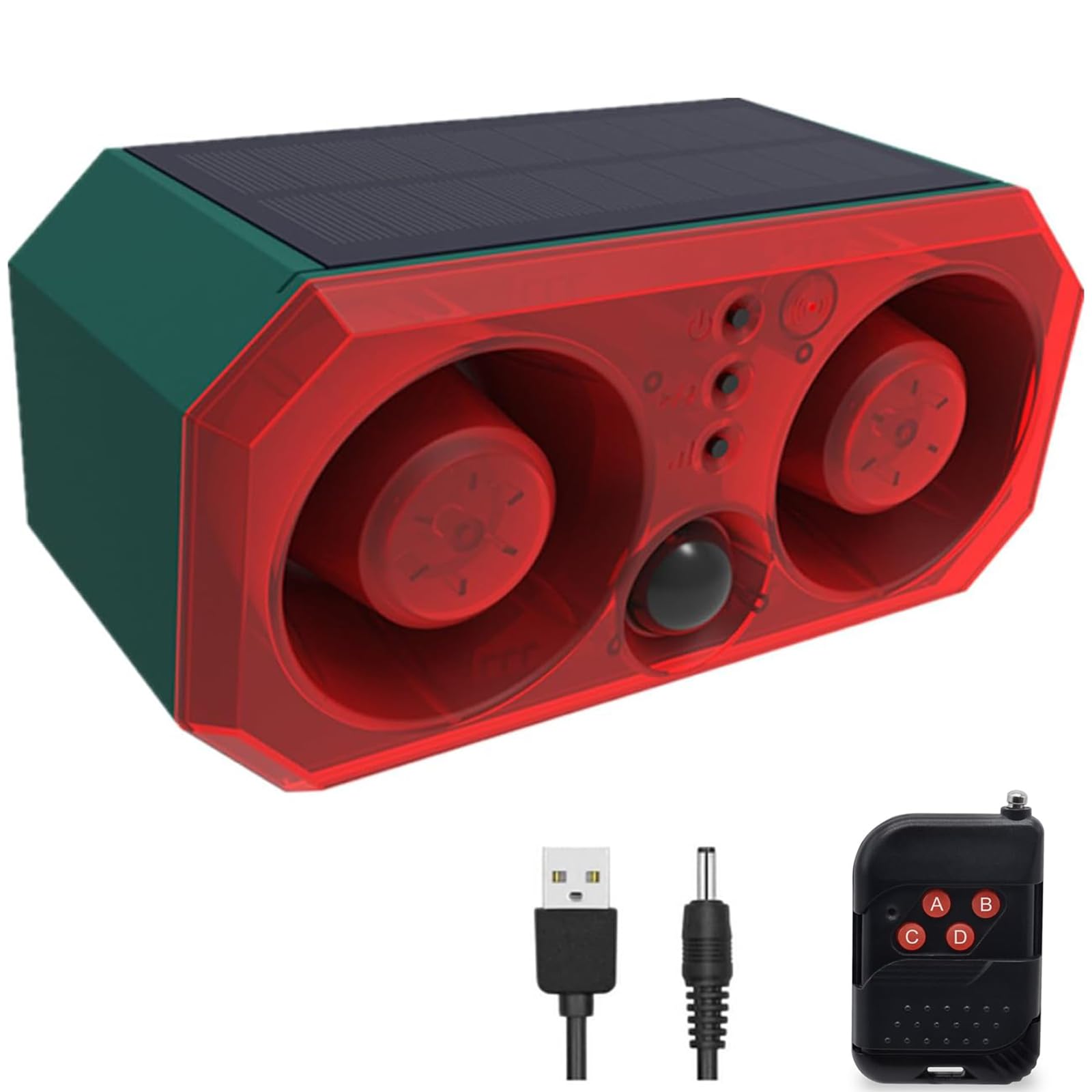 Solar Outdoor Motion Sensor Alarm with 13Sounds,KINGCOO 130db Dual Speaker Gunshot Dog Barking Sound Recording and Adjustable Volume Warning Security Strobe Light for Farm Yard Orchard Barn (1PCS)