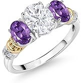 Gem Stone King 925 Sterling Silver and 10K Yellow Gold IGI Certified Lab Grown Diamond and Purple Amethyst 3 Stone Ring For Women | 2.43 Cttw | Center Oval Diamond 1.5 Ct | E-F Color | VS1-VS2 Clarity
