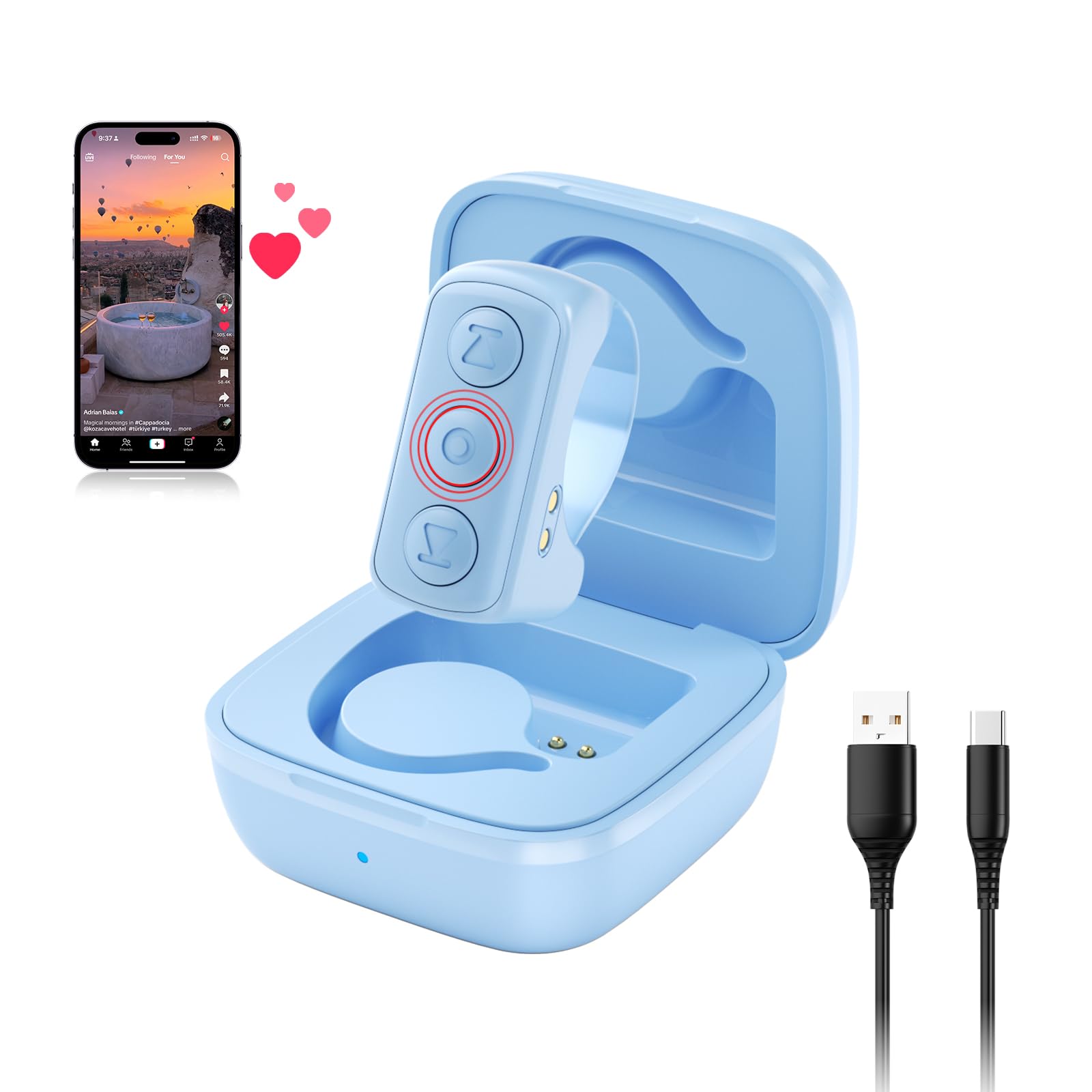 TikTok Scrolling Ring, Bluetooth Remote Control Page Turner for iOS iPad Android, Finger Scroller for TikTok Camera Video Shutter Selfie Button - Blue
