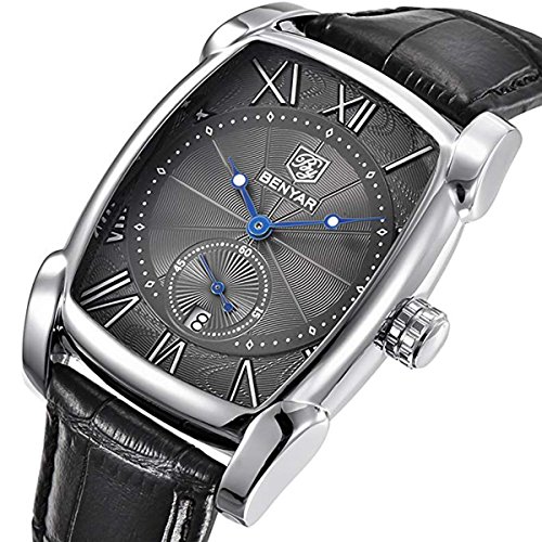 Benyar Rectangle Watches, Men Black Date Day Quartz Wristwatch, Genuine Leather Pin Buckle Sports Watch Mens Waterproof Date Military Clock Benyar Rectangle Watches, Men Black Date Day Quartz Wristwatch, Genuine Leather Pin Buckle Sports Watch Mens Waterproof Date Military Clock