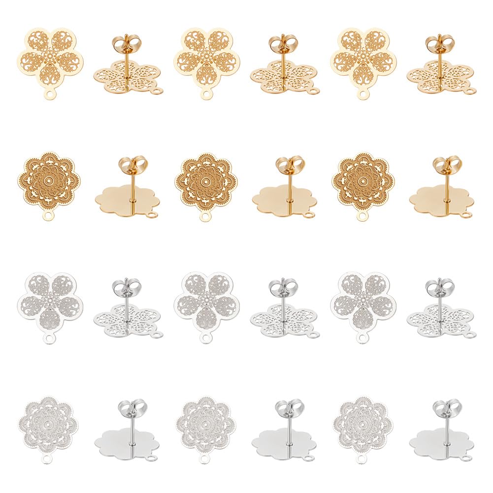 UNICRAFTALE 24pcs 2 Styles Bohemian Stud Earring Findings Flower Stud Earrings 2 Colors Boho DIY Stud Earrings with Loop Metal Earring for Jewelry Making 17.5~18x15~15.5mm