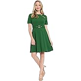 London Times Women's Short Sleeve Boat Neck Fit and Flare Belt-Professional Work Dresses