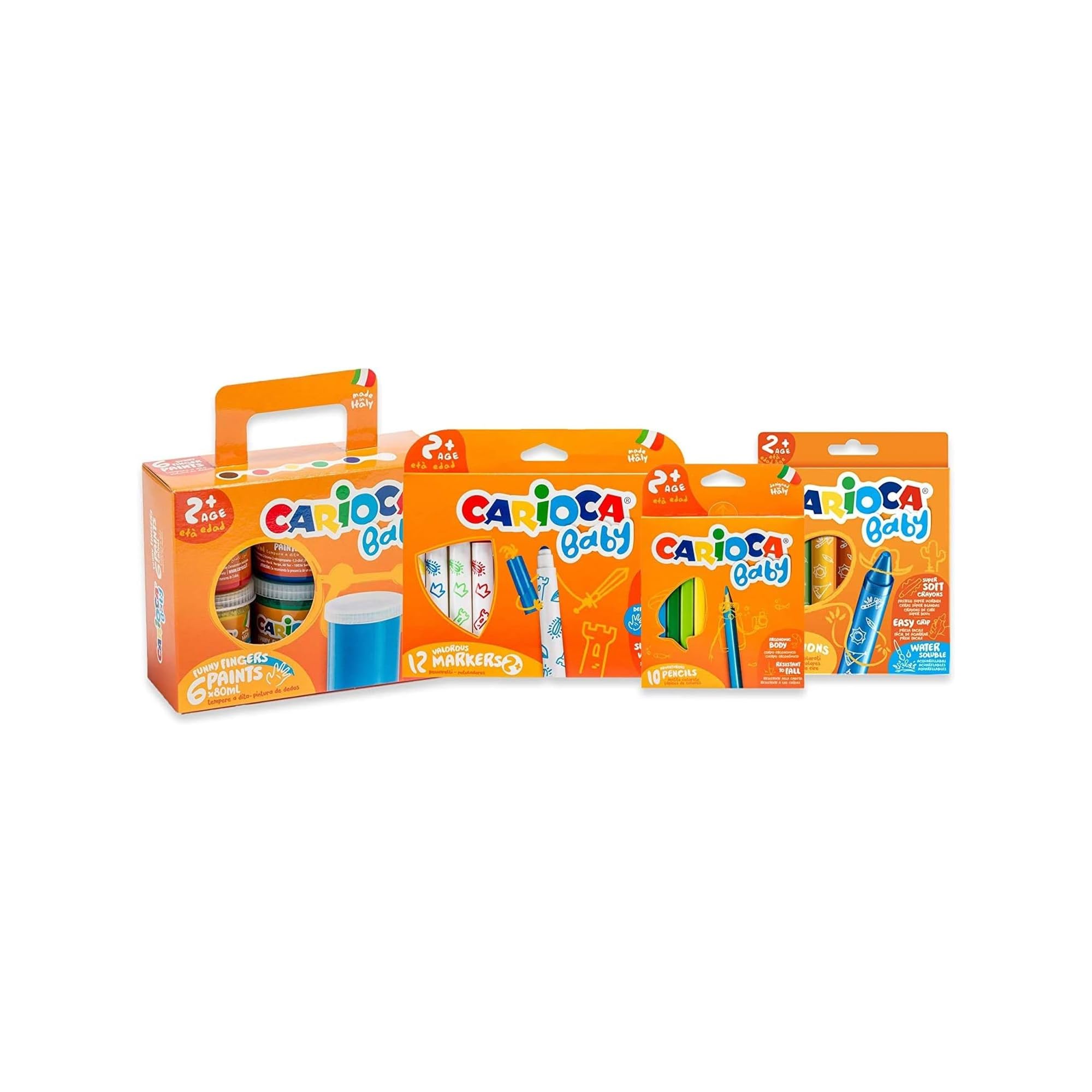 CARIOCA Children's Colors Set Baby 2+: 12 Super Washable Markers, 8 Watercolor Crayons, 10 Triangular Pencils, 6 Finger Paints (Kit of 4 Boxes Total 36 Pieces)