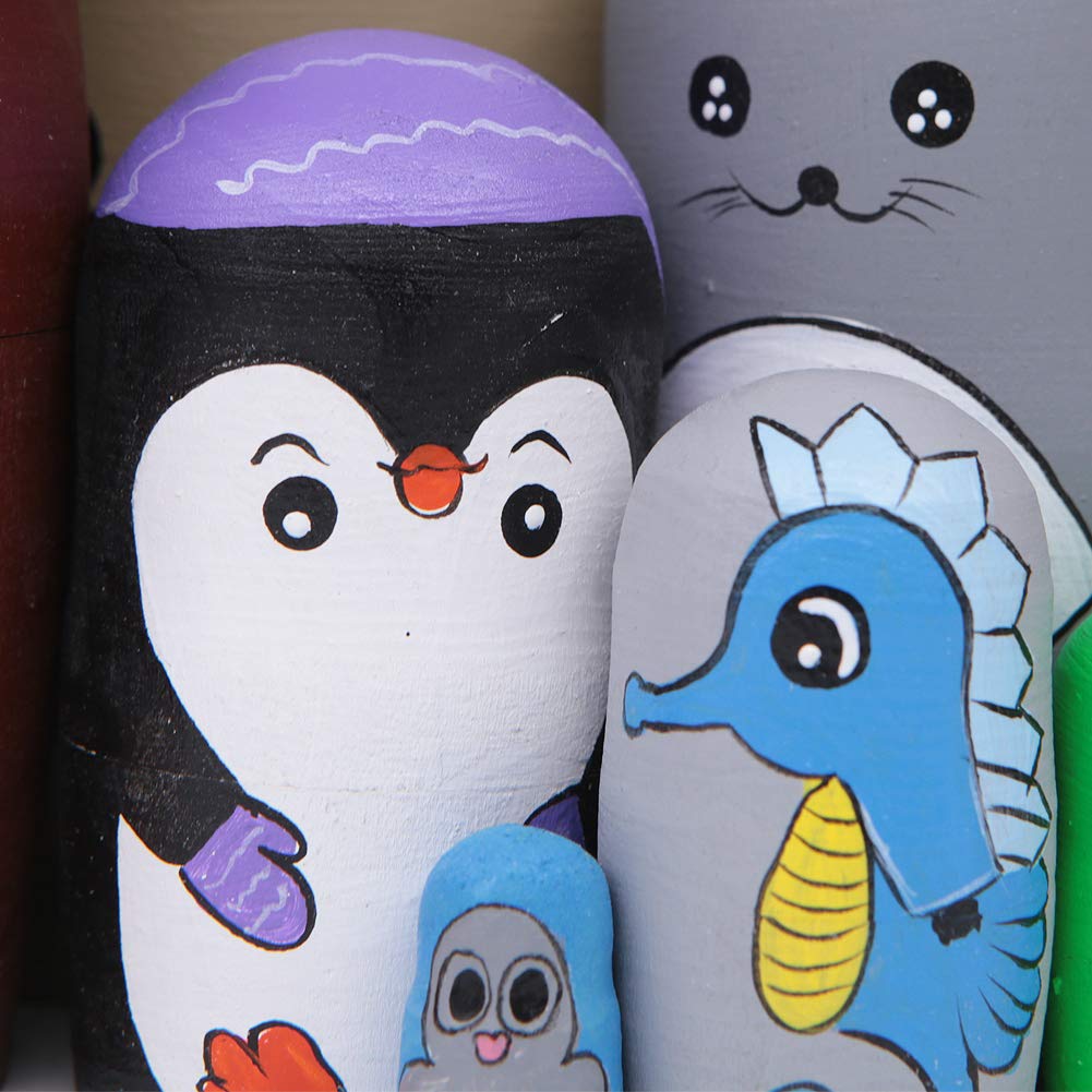Winterworm 7 Pcs Ocean Animal Themed Nesting Dolls Cartoon Walrus Seal Penguin Sea Horse Dolphin Octopus Matryoshka Russian Dolls for Kids Toy Birthday Christmas New Year Gift Home Decoration
