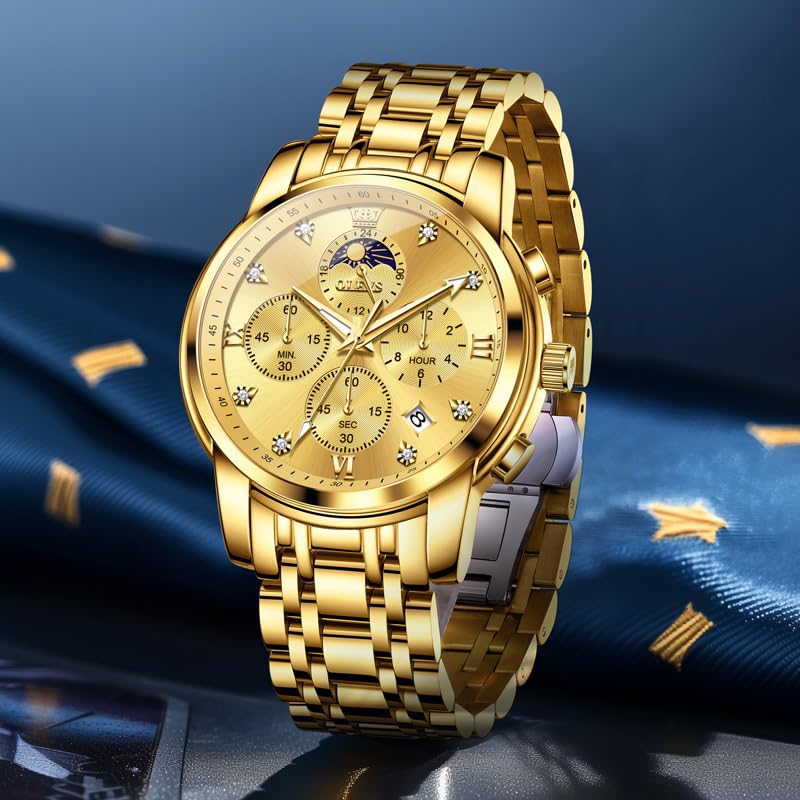 OLEVS Watch for Men Diamond Business Dress Analog Quartz Stainless Steel Waterproof Luminous Date Two Tone Luxury Casual Wrist Watch Blue, gold watches 3655, men watch