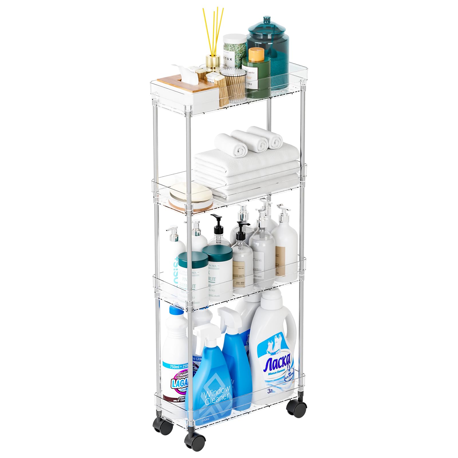 Photo 1 of **MISSING PARTS**
Yieach Clear 4 Tier Slim Rolling Storage Cart with Wheels,6.3?W Thin Shelf,Bathroom Storage Cabinet,Skinny Laundry Cart,Narrow Laundry Room Cart Between Washer and Dryer,Skinny Shelves for Small Space
