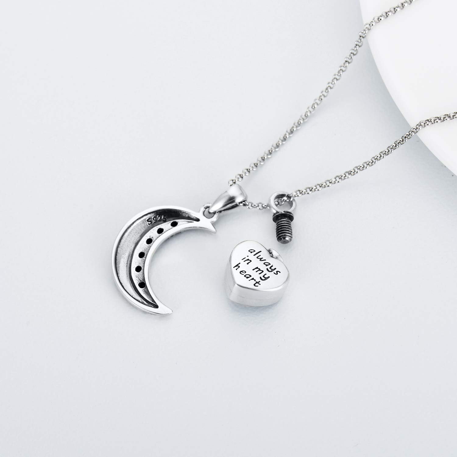 Love Heart Urn Necklace for Ashes Sterling Silver Crescent Moon Pendant Cremation Memorial Keepsake Pendant with Blue Heart Crystal: Clothing