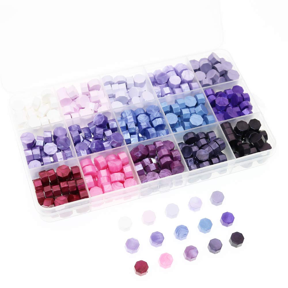 BITEYI Sealing Wax Beads,Octagon Sealing Wax Beads for Wax Stamp Sealing Letter and Vintage Wedding Invitation Decorative,15 Colors,375 pcs (Purple)