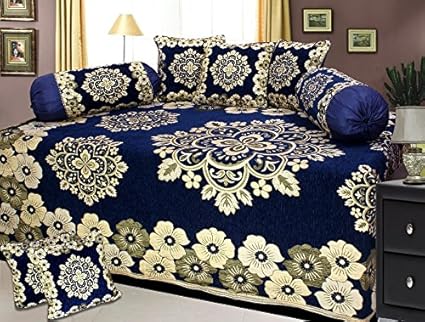 TIB 500 TC Chenille Velvet Diwan Set (8 Pieces) - Floral, Blue