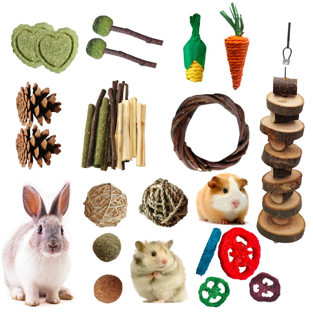 Aisamco Rabbit Chew Toys 19 Pcs Guinea Pig, Hamster, Rabbit,Small Animal Chew Toys,Natural Timothy Hay Sticks Chinchilla Toys for Teeth Handmade Treats Apple Wood Sticks