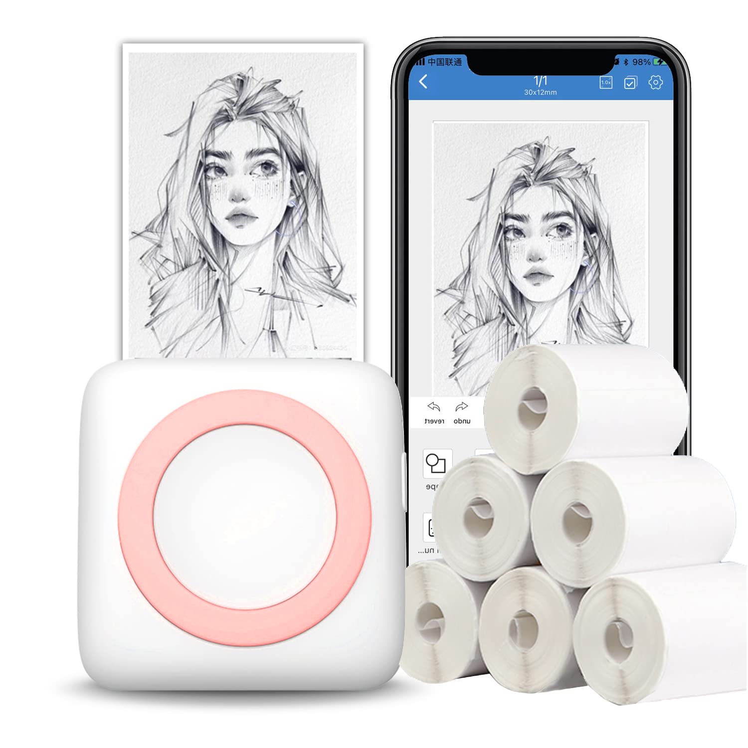 Photo 1 of LetSketch Portable Pocket Printer, Thermal Label Maker, Sticker Printer Bluetooth Receipt Printer Compatible with Android & iOS 300dpi for Journal Book/Note/Label/Photo(7 Rolls Thermal Paper, Pink)