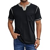 LuxMania Men's Casual Henley Shirt Short Sleeve Summer V Neck Solid T-Shirt Tops Whith Pocket