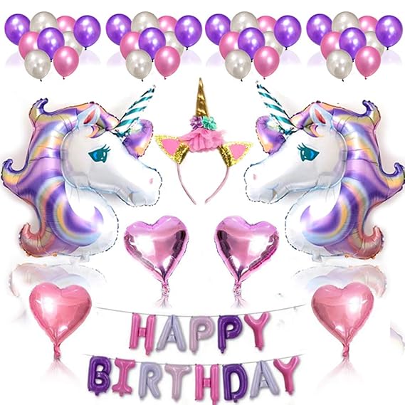 Nvetls 56Pcs Einhorn Luftballons Geburtstag Set Einhorn Party Deko mit Einhorn Stirnband (Lila)