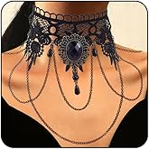 Vinzar Gothic Black Lace Choker Necklace Crystal Pendant Necklace Tassels Chain Necklace Halloween Necklace for Women