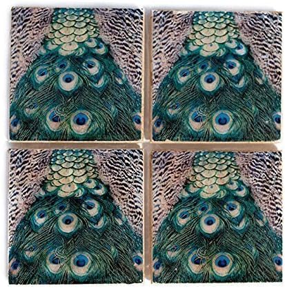Peacock Coaster Set (4 Stone Coasters) Bird Home Decor