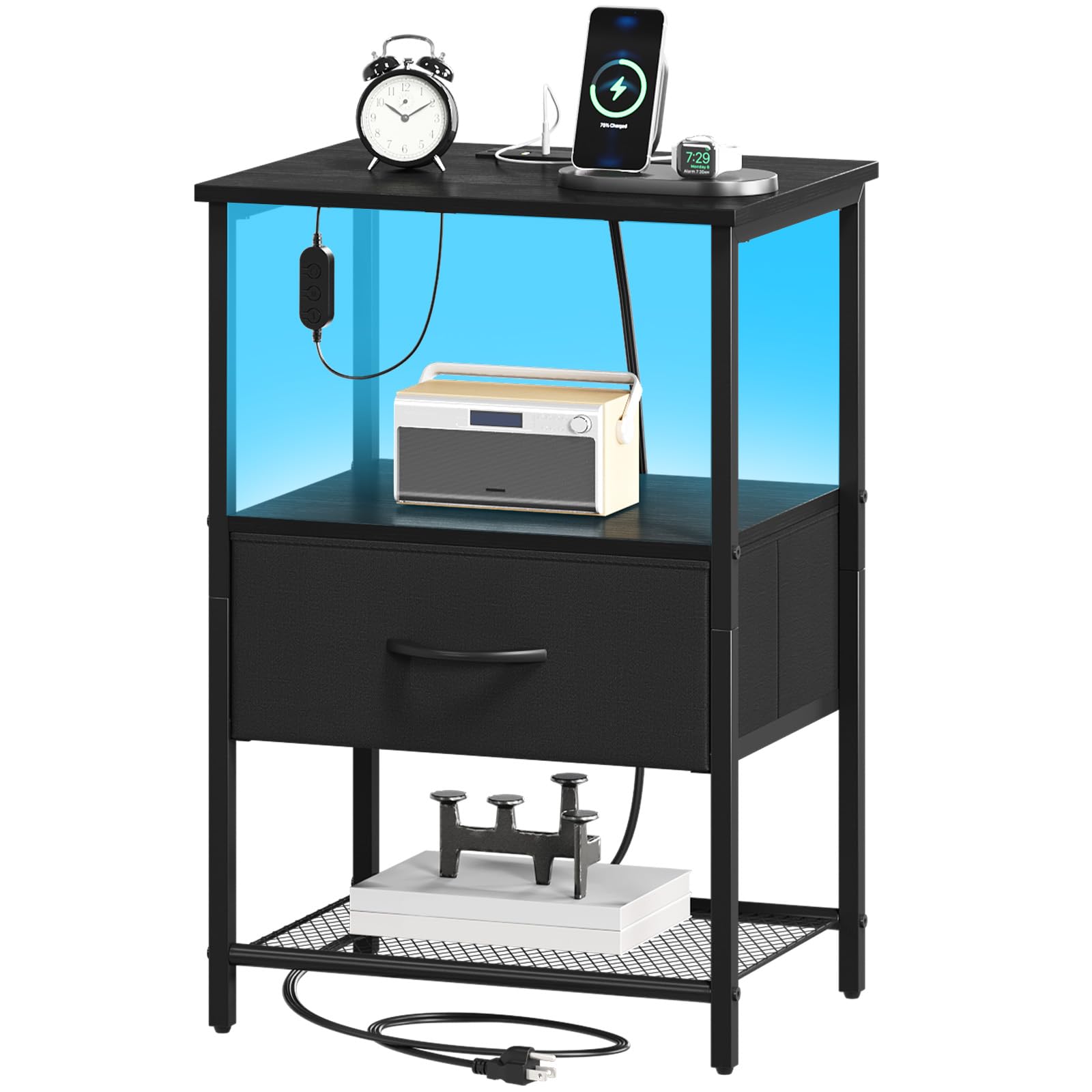 Photo 1 of **PARTIAL SET**Somdot Nightstand with Charging Station and LED Light for Bedroom, Bedside Table End Table for Dorm Guest Room Bedside Kids Laundry Closet Entryway Hallway, Black