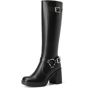 DREAM PAIRS Women's Knee High Block Heel Biker Boots | 3.56" Chunky Heel with Platform, Buckles Moto Biker Style, Square Toe,