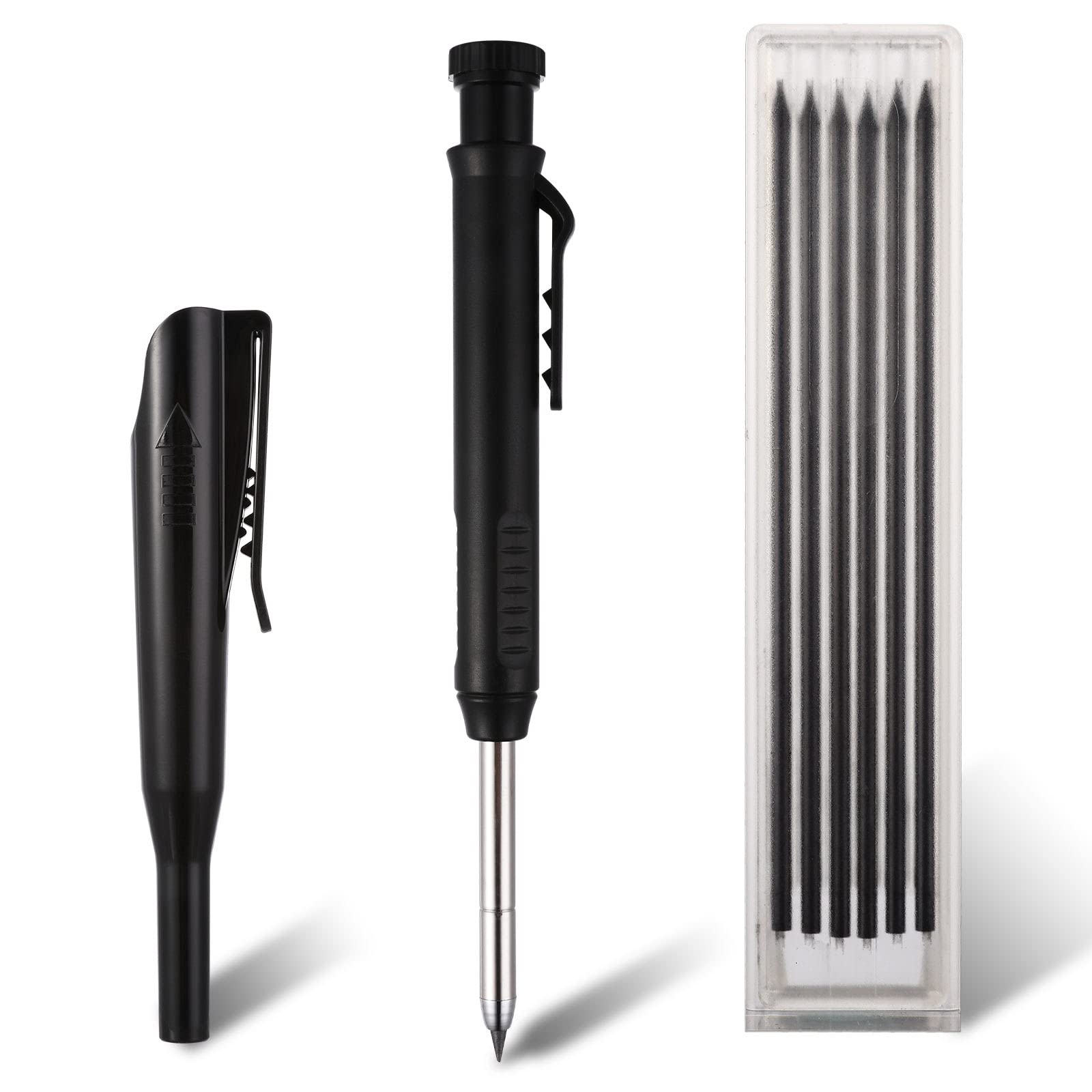 Cobee Mechanical Carpenter Pencils with 6 Refills, Solid Carpenter Pencils with Built-in Sharpener Woodworking Deep Hole Making Automatic Pencils Long Nosed for Drawing Scribing Construction(Black)