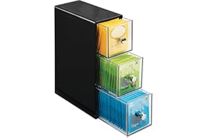 mDesign Plastic Kitchen Pantry Stackable Storage Organizer Container Station with 3 Drawers for Cabinet, Countertop, Holds Coffee, Tea, Sugar Packets, Creamers - Lumiere Collection - Black/Clear