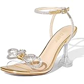 ZURIN Women's Rhinestone Bow Heels Square Toe Clear Heeled Sandals Slingback High Heels Dress Party Evening Prom Crystal Shoes