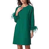 D-Sun Women Feather Dress Round Neck Casual 3/4 Feather Sleeves Party Dress Elegant Wedding Guest Cocktail Mini Dresses
