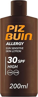 Piz buin allergy sun sensitive skin lotion fps 30 (200 ml), protetor solar corporal com fps 30, proteção solar elevada para peles sensíveis, loção corporal com filtros uva/uvb