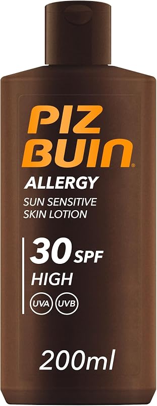 Piz buin allergy sun sensitive skin lotion fps 30 (200 ml), protetor solar corporal com fps 30, proteção solar elevada para peles sensíveis, loção corporal com filtros uva/uvb
