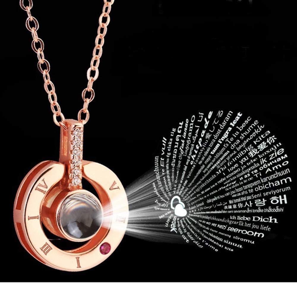 Weka I Love You Romantic Loving Message 100 Languages Projection Pendant Necklace for Women, Rose Gold