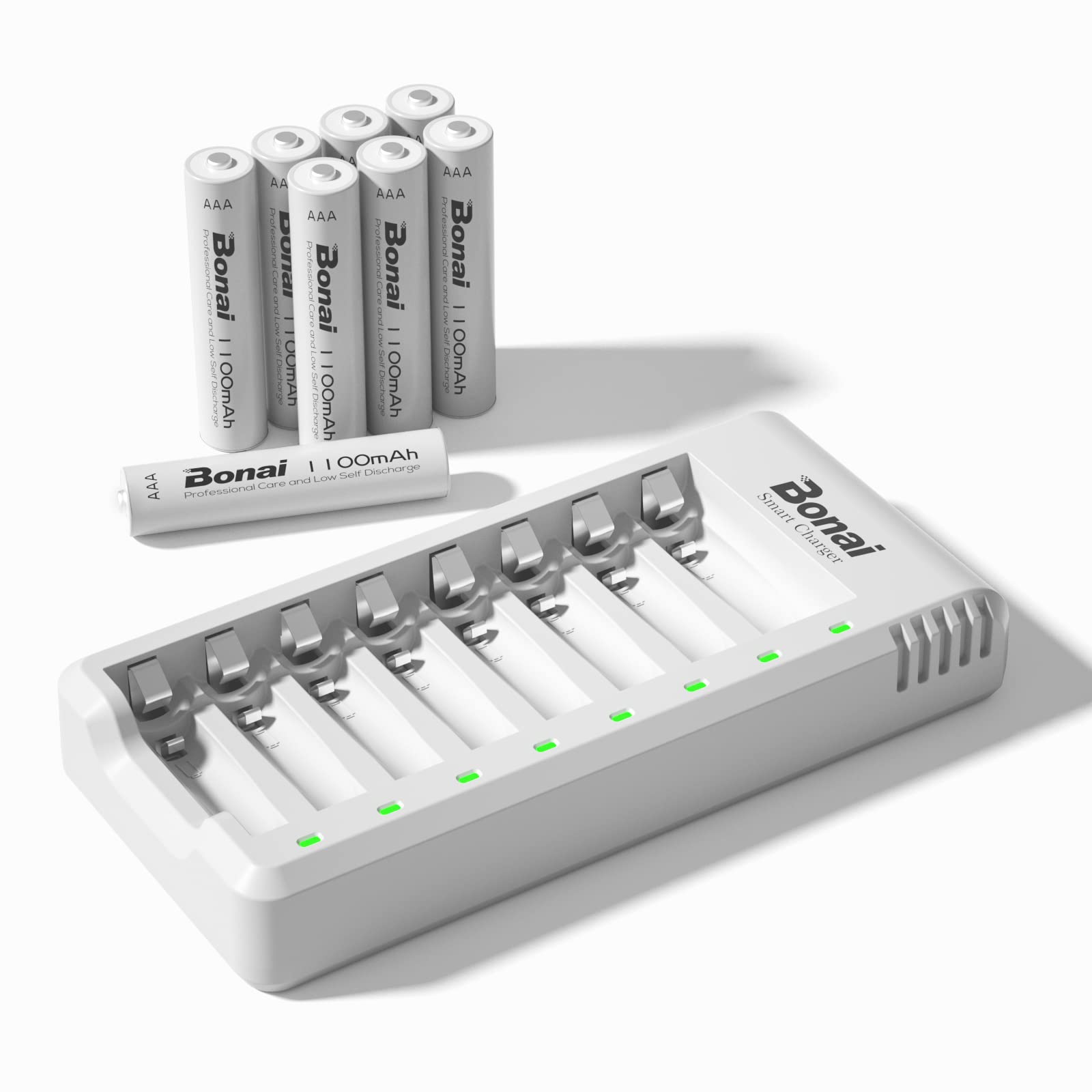 BONAI AAA Rechargeable Batteries and Charger 8 Pack, 1100mAh High Capacity Rechargeable Battery AAA with Independent Fast Charging Charger