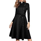 FAD-4U Church Clergy Dress for Women Spring/Autumn Long Sleeve Rows Buttons A Line Dress with Tab Collar and Belt
