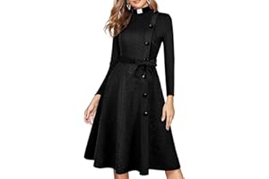 FAD-4U Church Clergy Dress for Women Spring/Autumn Long Sleeve Rows Buttons A Line Dress with Tab Collar and Belt