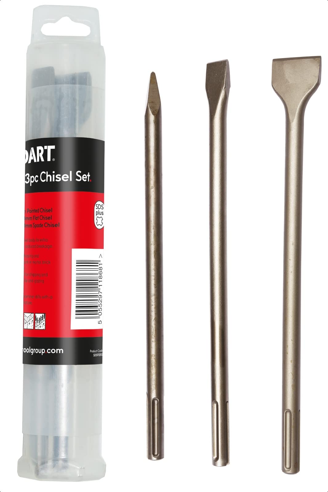 DART SDS+ Hammer Chisel Bits Set 3pc - SDS Chisel Bits for Hammer Drill with Rotary Stop Feature - Suitable as Mortar Chisel/Brick Chisel/Concrete Chisel/Tile Chisel/Stone Chisel