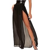 OYOANGLE Women's Mesh Sheer Ruffle Maxi Skirt High Waist See Through Slit Thigh Long Skirts