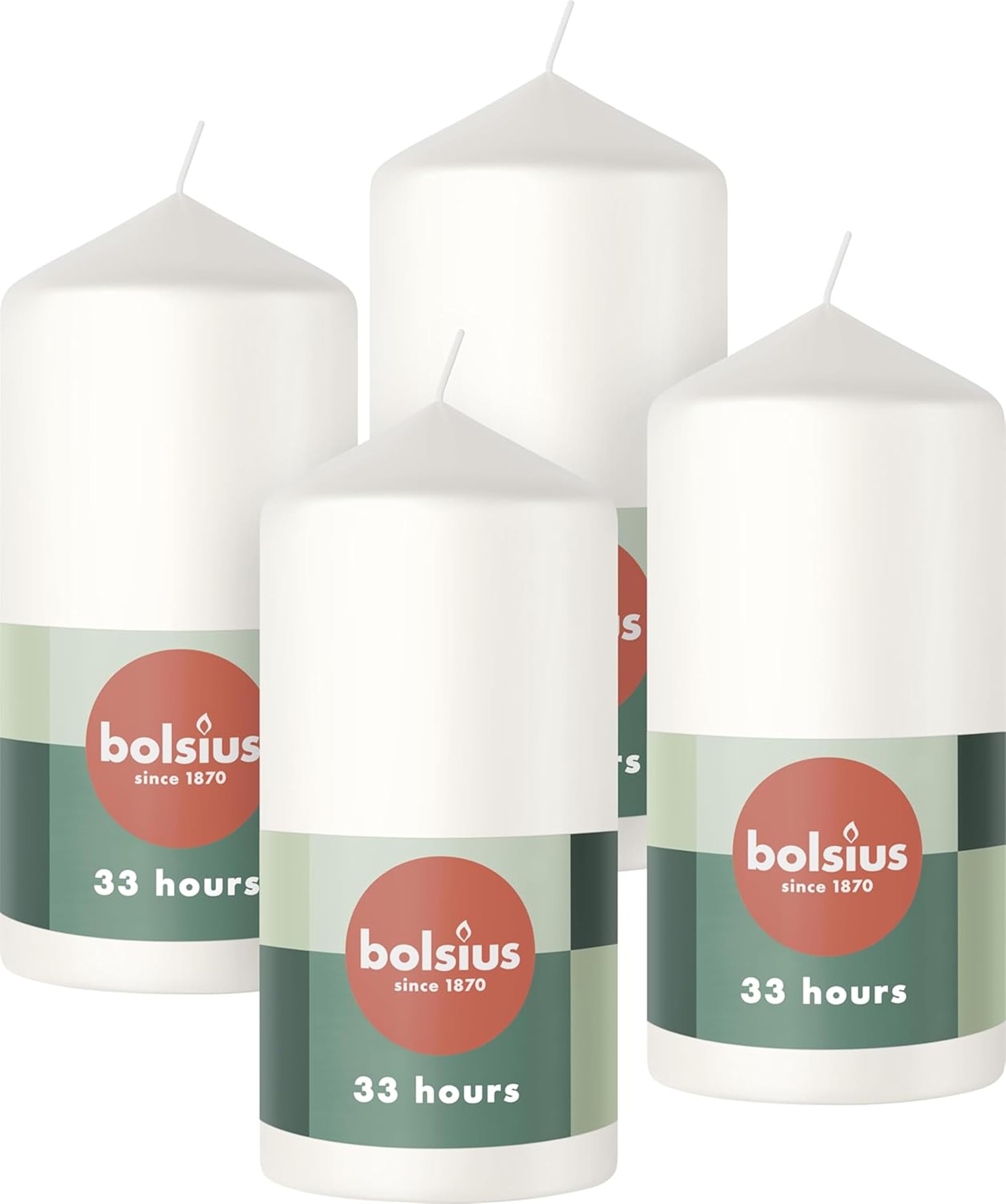 Bolsius Pillar Candles - White - 4-Pack - 4.7″ × 2.4″ - Decorative Household Candles - Long Burning Time of 33 Hours - Unscented - Includes Natural Vegan Wax - Without Palm Oil