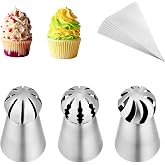 Kasmoire 3Pcs/set Ball Russian Piping Tips,Stainless Steel Russian Piping Tips with 10Pcs Disposable Piping Bags,Cake Icing Nozzles Flower Cake Decorating Tips Kit For Baking